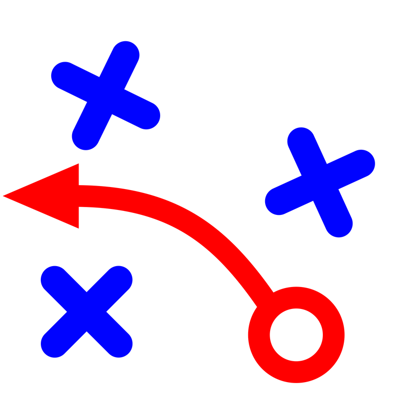 A red circle. a red arrow comes from it and navigates between blue 'x's